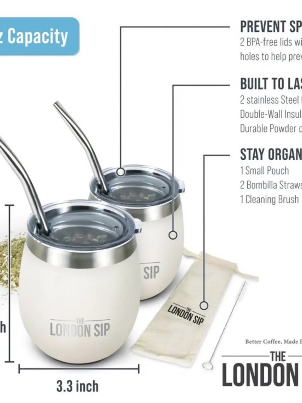 NEW London Sip White Insulated Double Mate Cups with Lids and Straws